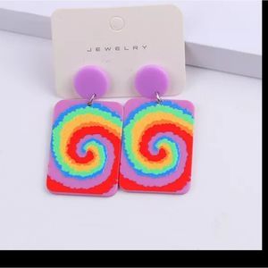 Retro 80s bright hippie tie dye rainbow resin style boho earrings new